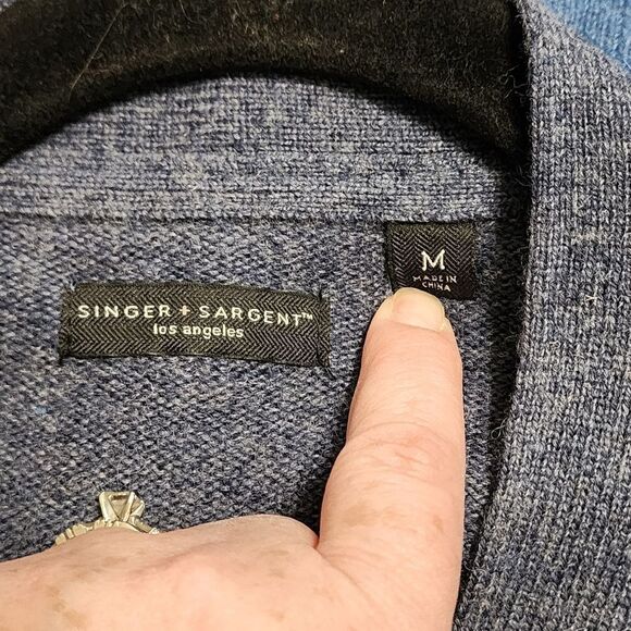 Singer + Sargent cardigan grandpa sweater blue & brown button up elbow patch M - Picture 4 of 5